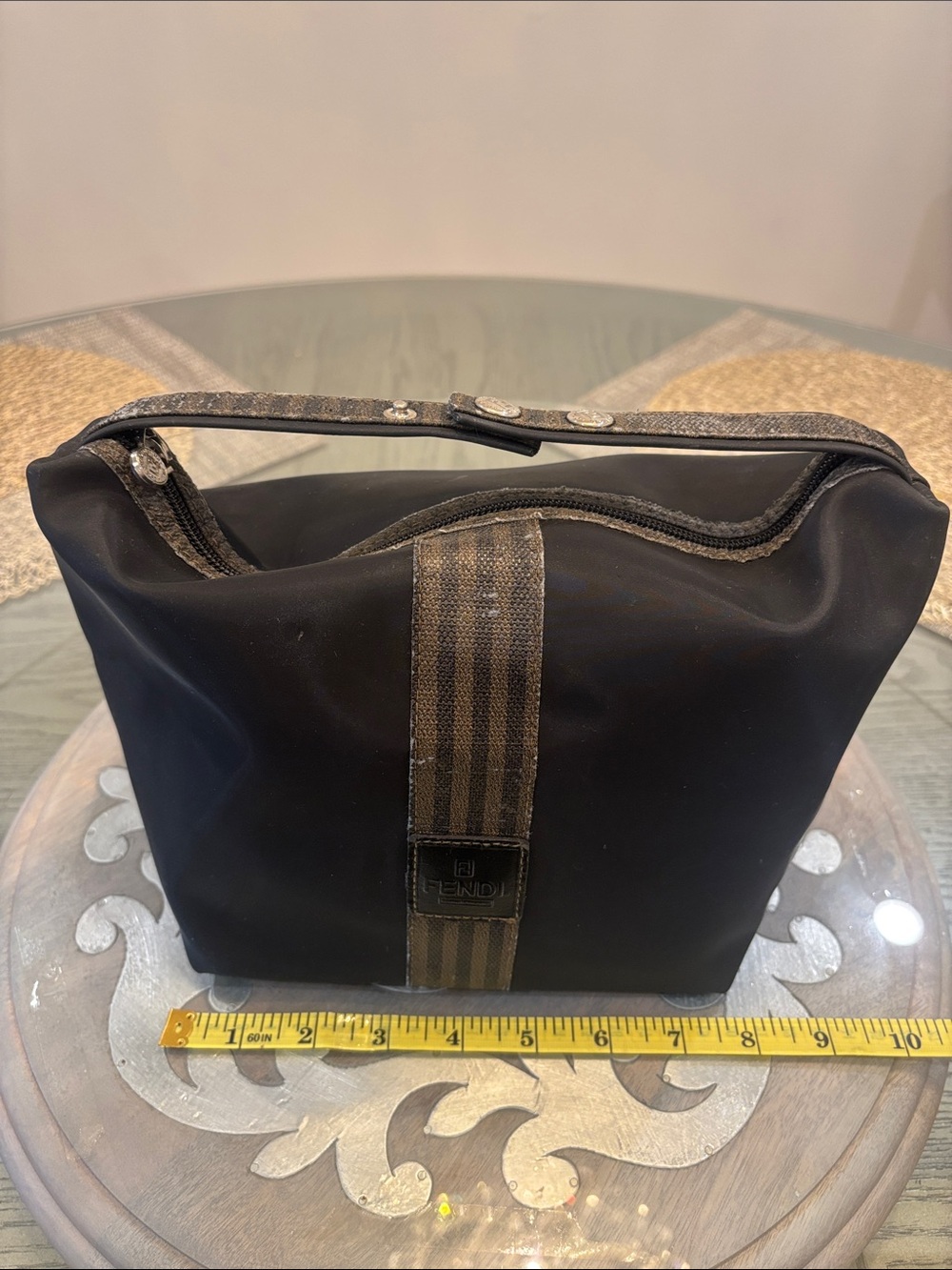 Fendi Black Canvas/nylonToiletry Pouch with Brown Stripe Detail